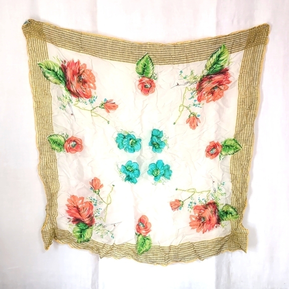 Vintage Momme 6 1/4 Rayon Silk Yellow Border Floral Square Scarf Hand Rolled - Picture 1 of 5